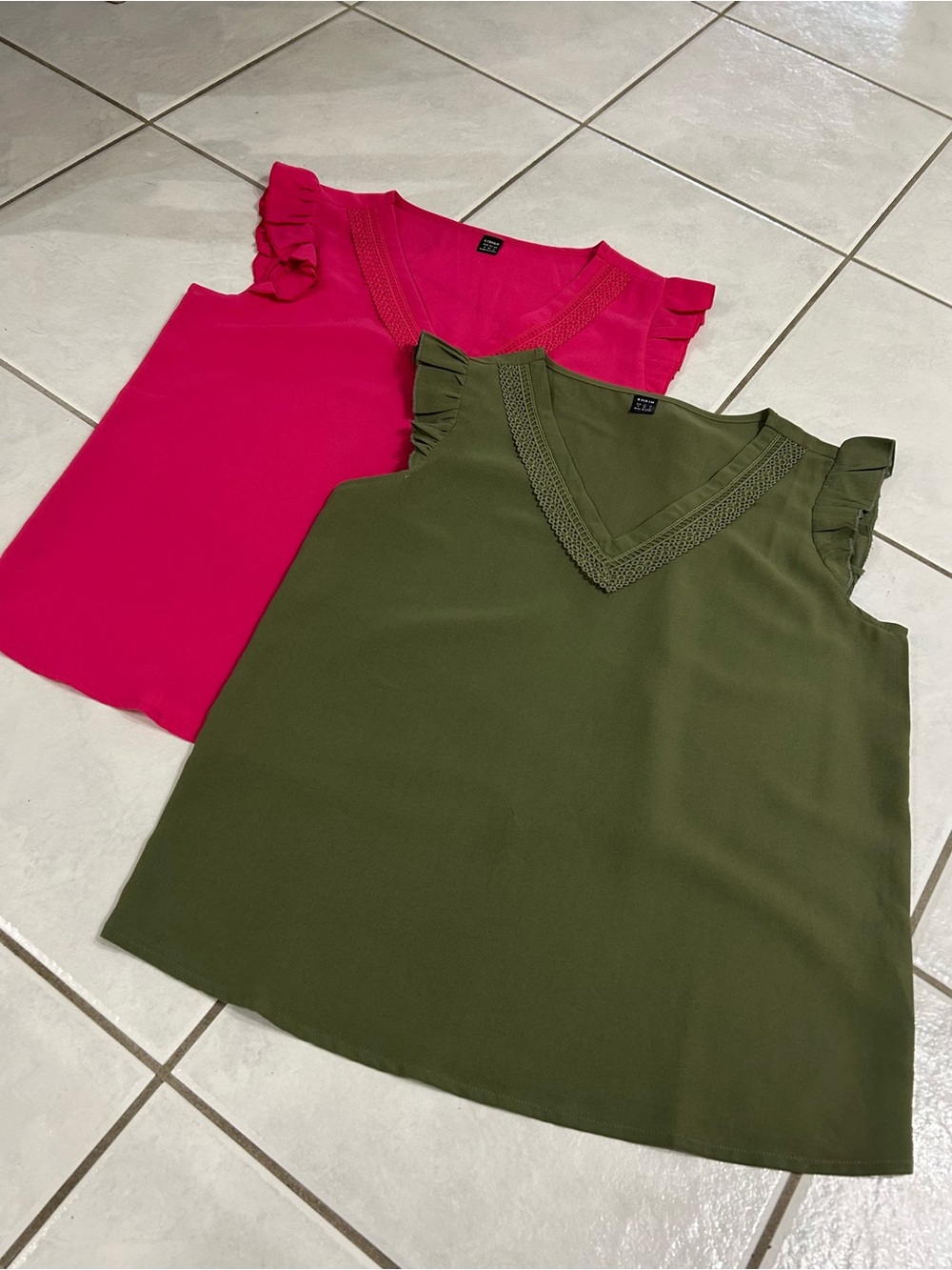 SHEIN Pink & Olive Green Ruffle Sleeve V-Neck Blouse Duo
